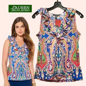 LAUREN RALPH LAUREN NEW Artsy Colorful Paisley Ruffled V-Neck Top PM